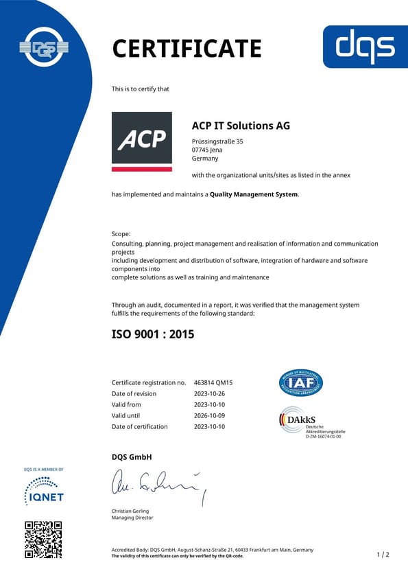 Zertifikat DIN EN ISO 9001:2015 englisch ACP Jena 